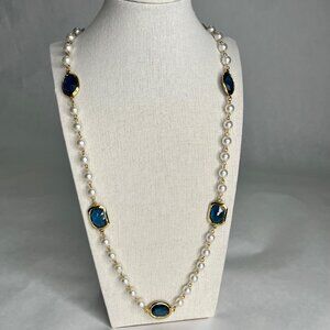 Gold-Plated Necklace With Pearls & Blue Gemstone Accents